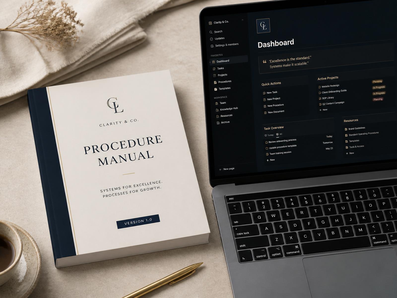 Branded procedure manual next to a custom Notion operating workspace